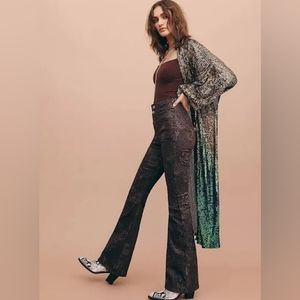 We The Free by Free People High Rise Jade Printed Metallic Gold Foil Flare Jeans